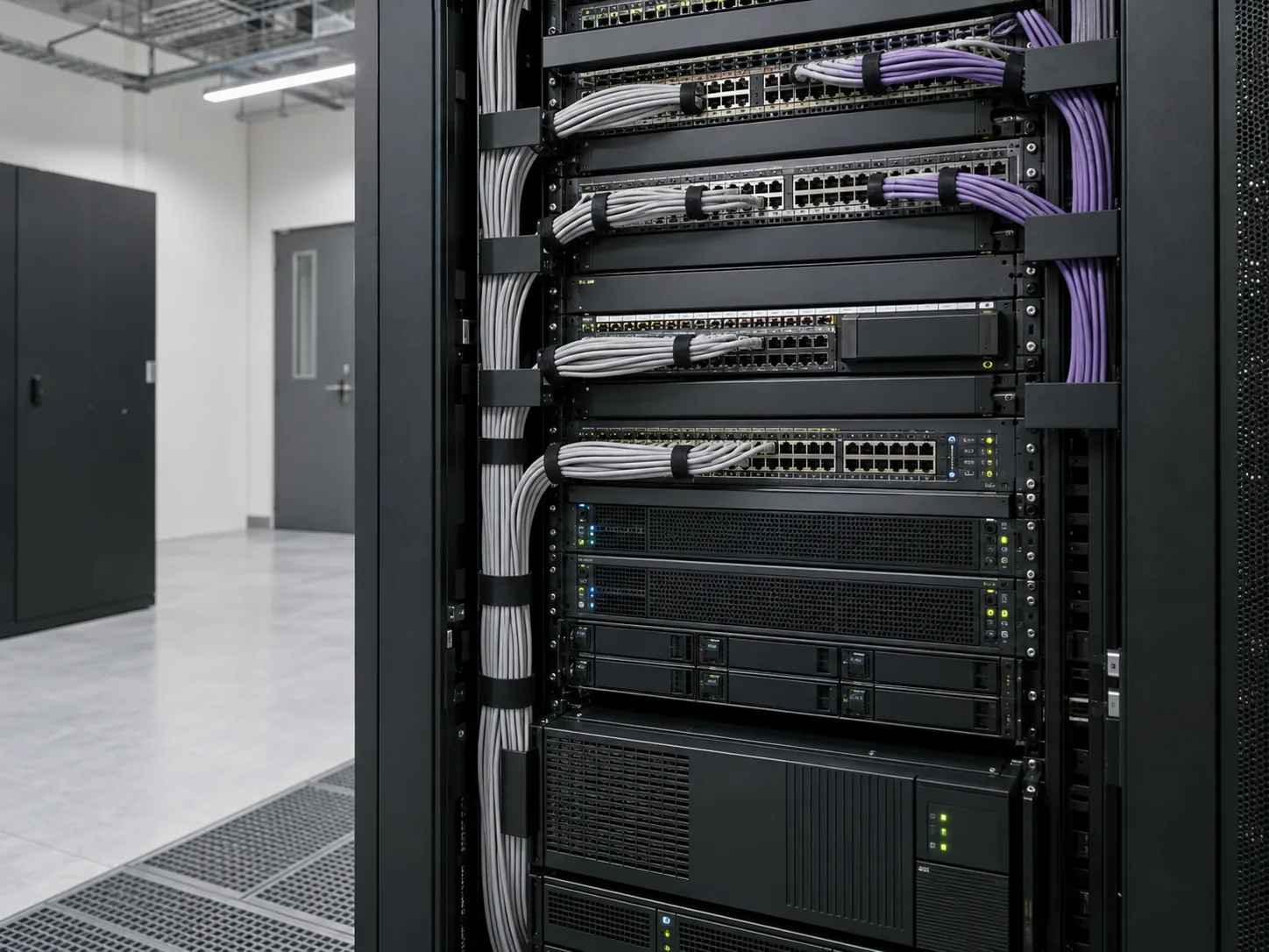 Infrastructure réseau professionnelle avec câblage organisé et équipements actifs